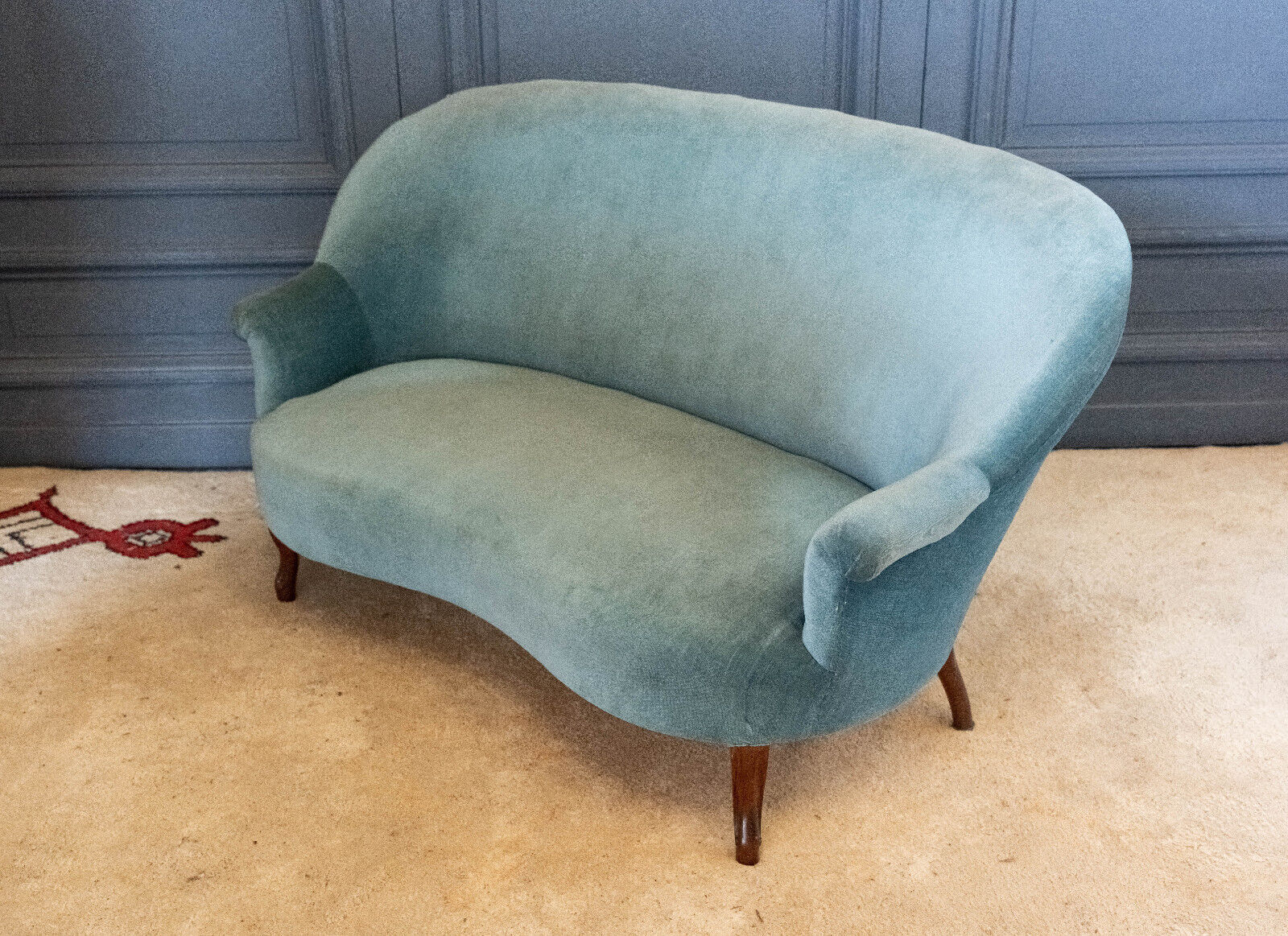Sofa Napoleon III XIXth Blue fabric Mahogany feet