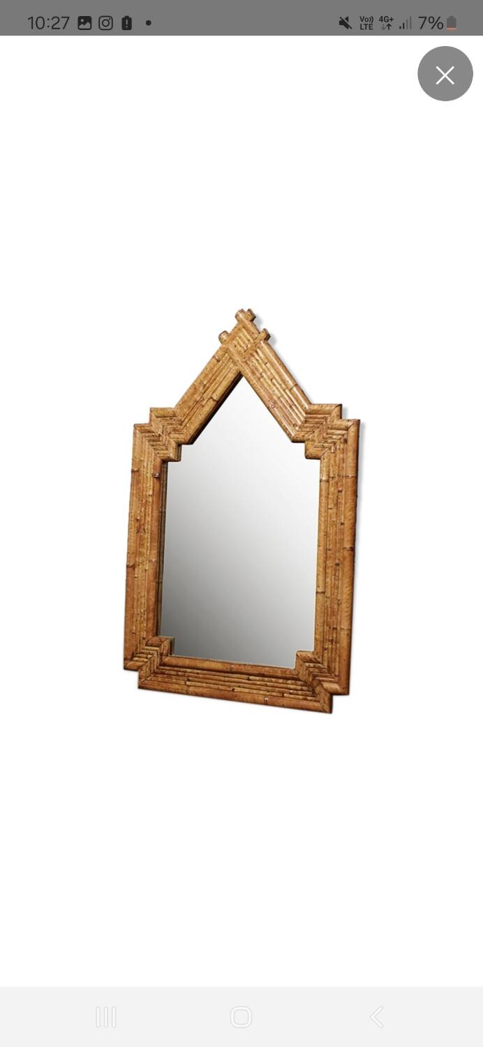 Vintage wall mirror turtle in burnt bamboo rattan