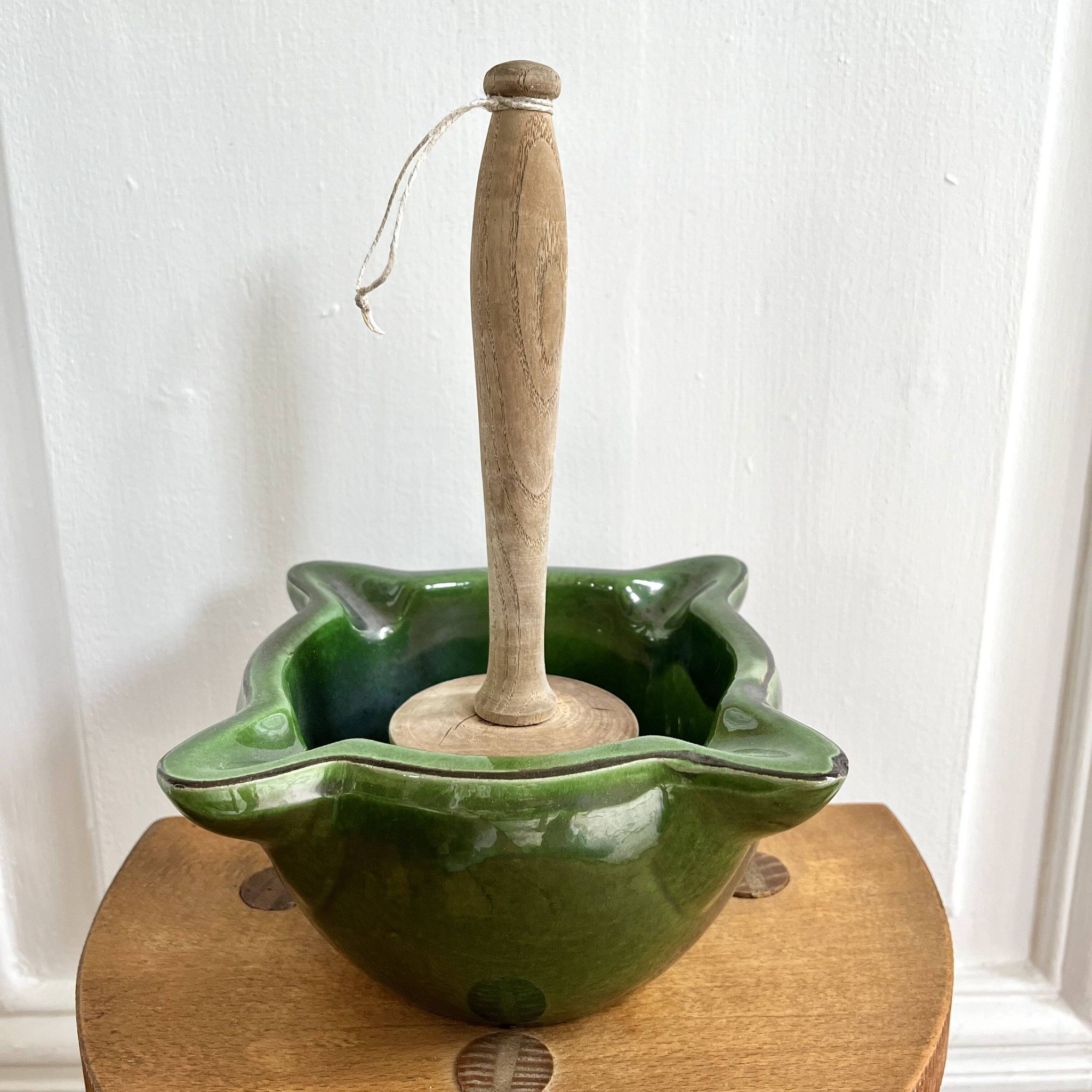 Ceramic mortar and wooden pestle