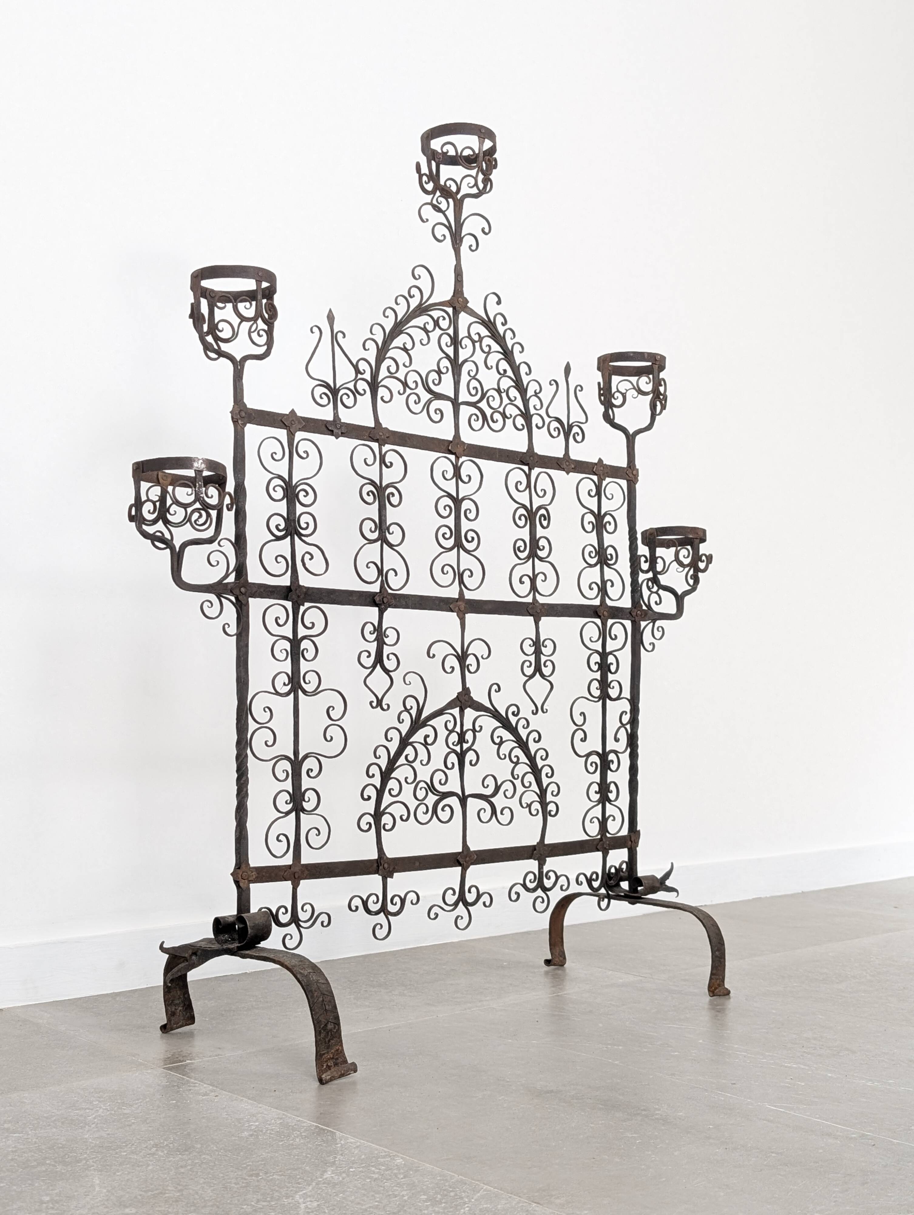 Spanish Wrought Iron Fireplace Screen Candelabra, Arts and Crafts, 1880s