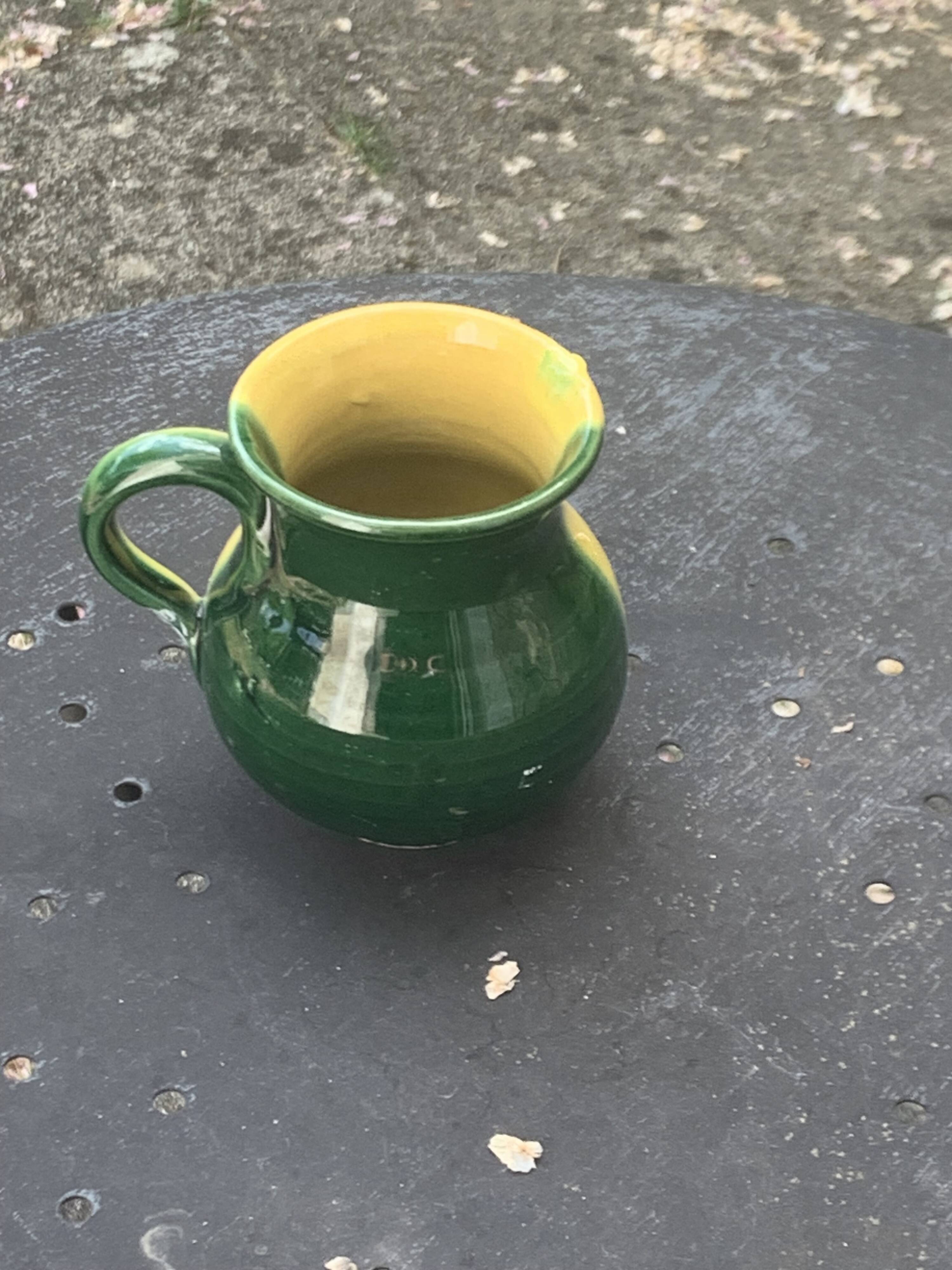 Vintage half-yellow and half-green glazed ceramic vase and pitcher