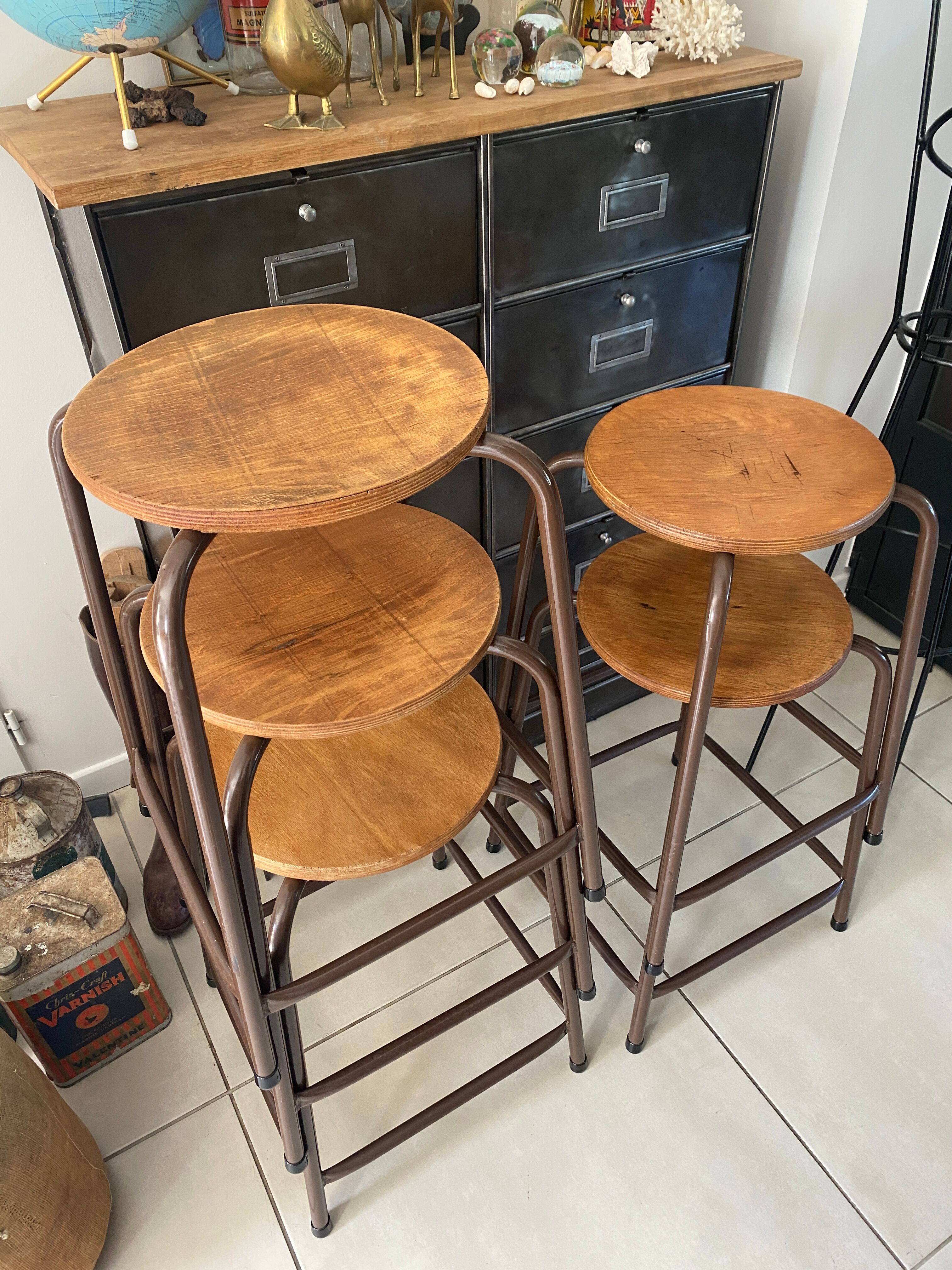 Series of 5 metal and wood workshop stools