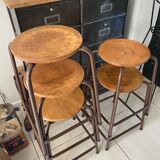 Series of 5 metal and wood workshop stools