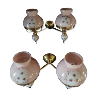 Two double-branched wall lamps with two pink opalines