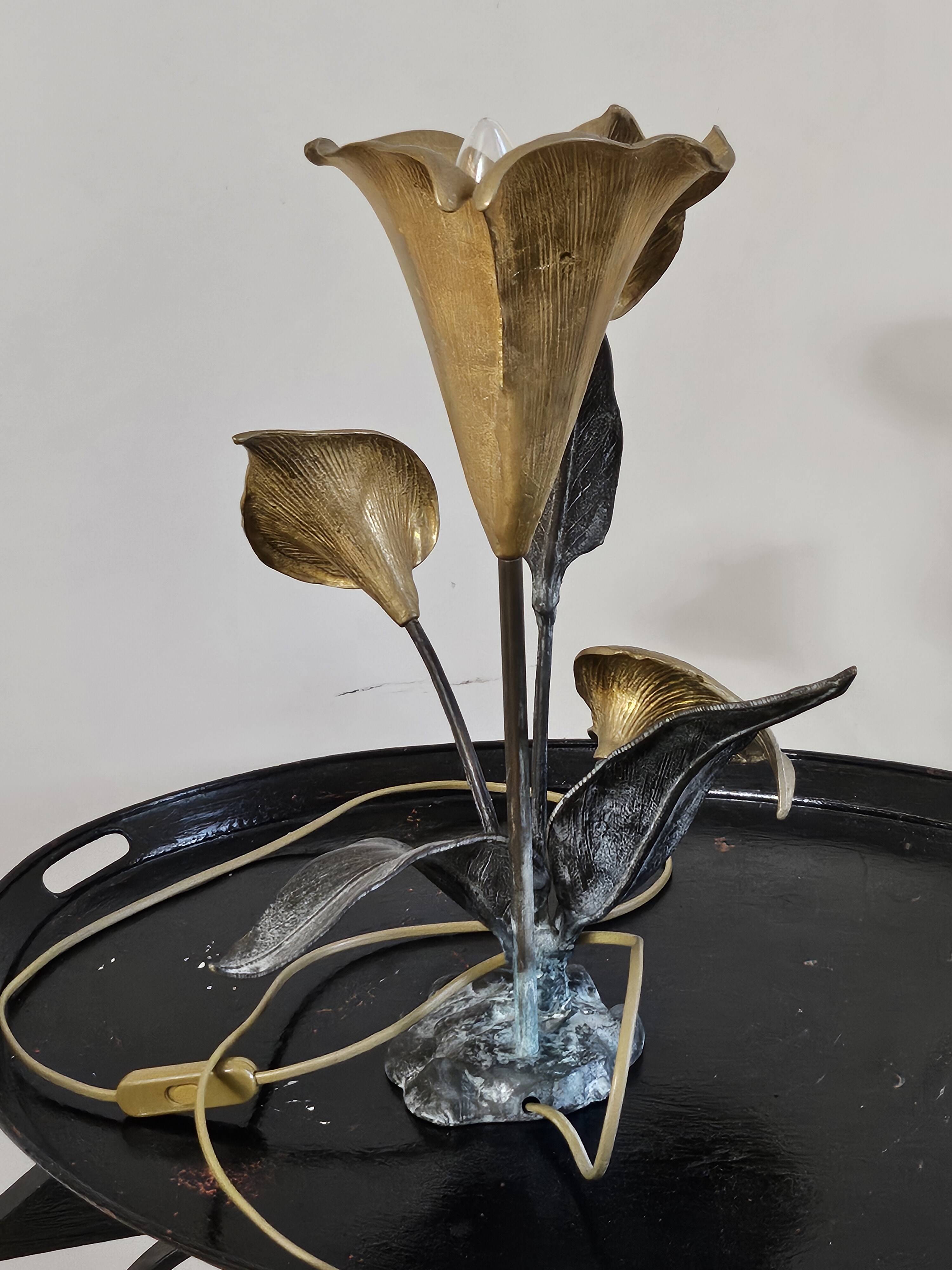 Metal sculpture lamp with golden calla lilies – 1970s