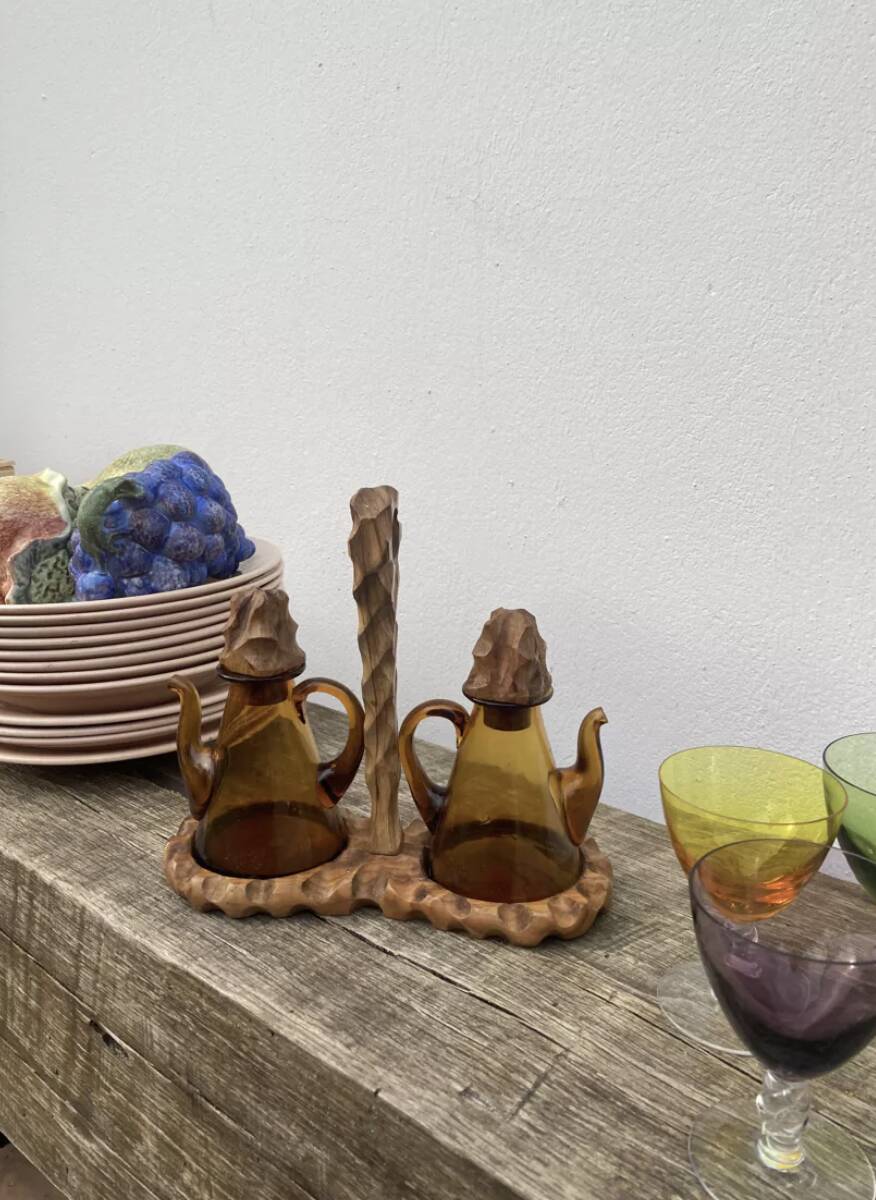 70's vinegar cruet in wood and glass