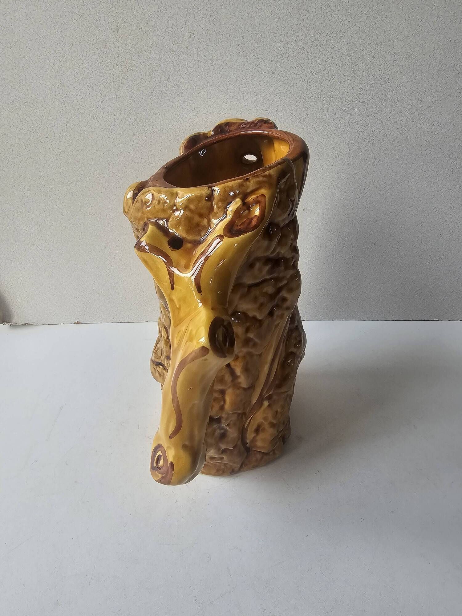 Ceramic jug resembling a tree trunk signed Aegitna Vallauris Years
