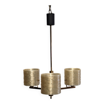 Lustre Arlus à 3 feux en nacre et laiton, années 50-60
