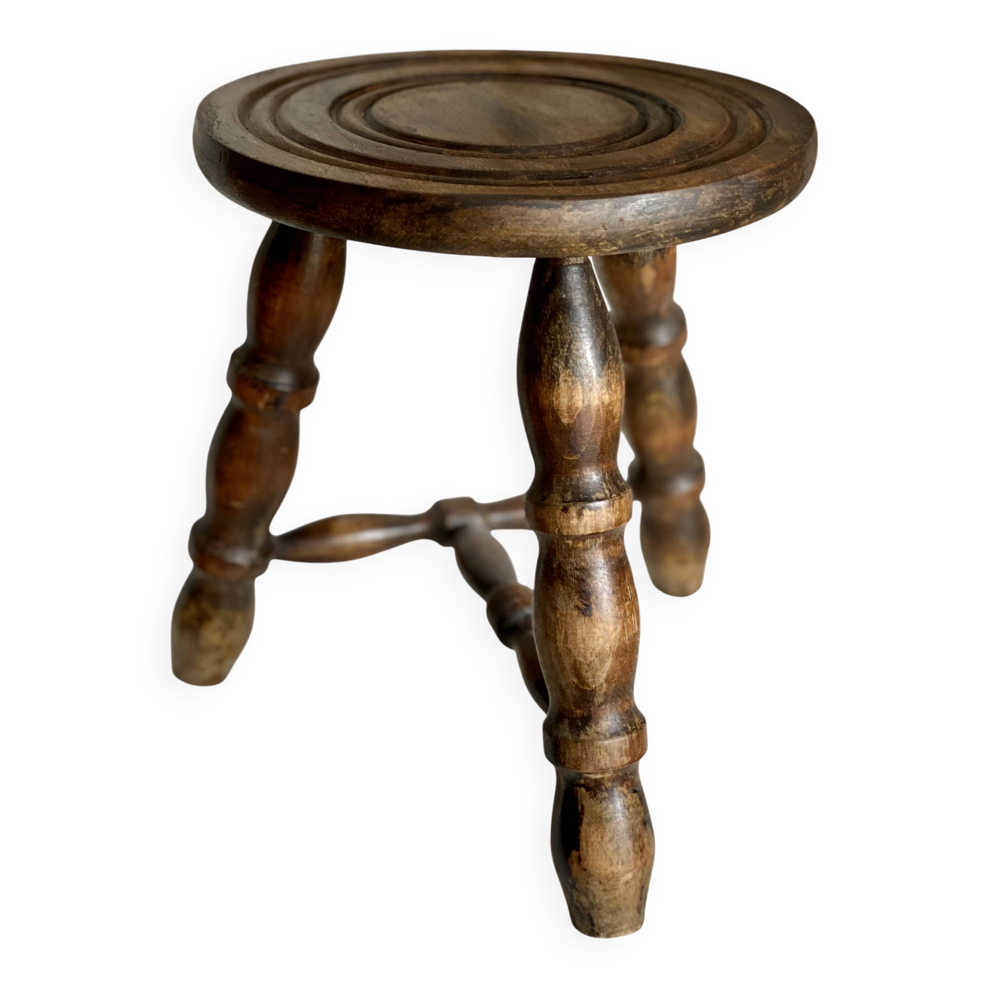 Vintage 1950-60s turned wood tripod stool with crossbar