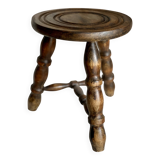 Vintage 1950-60s turned wood tripod stool with crossbar