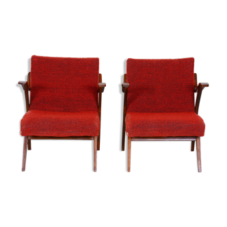 Red Mid century armchairs, made in 1960s Czechia. Original condition. Beech.