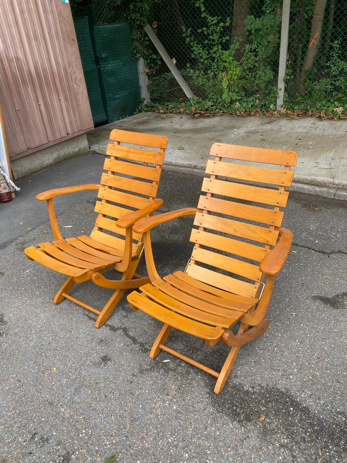 Pair of Clairitex France 1970 solid wood lounge chairs