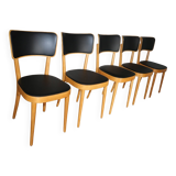 5 baumann chairs with large backs in black faux leather.