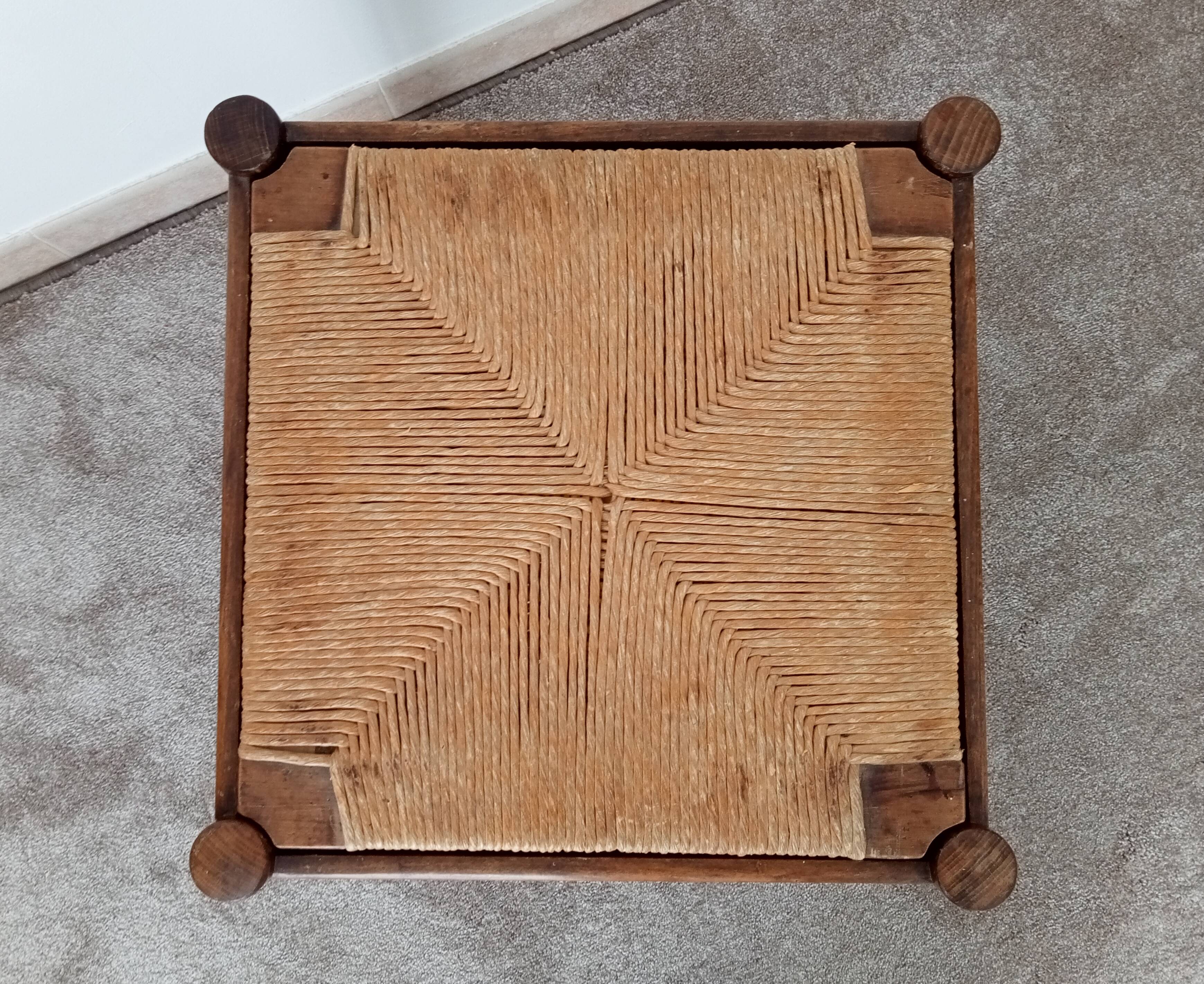 Vintage straw stool in cherry wood 70s/80s