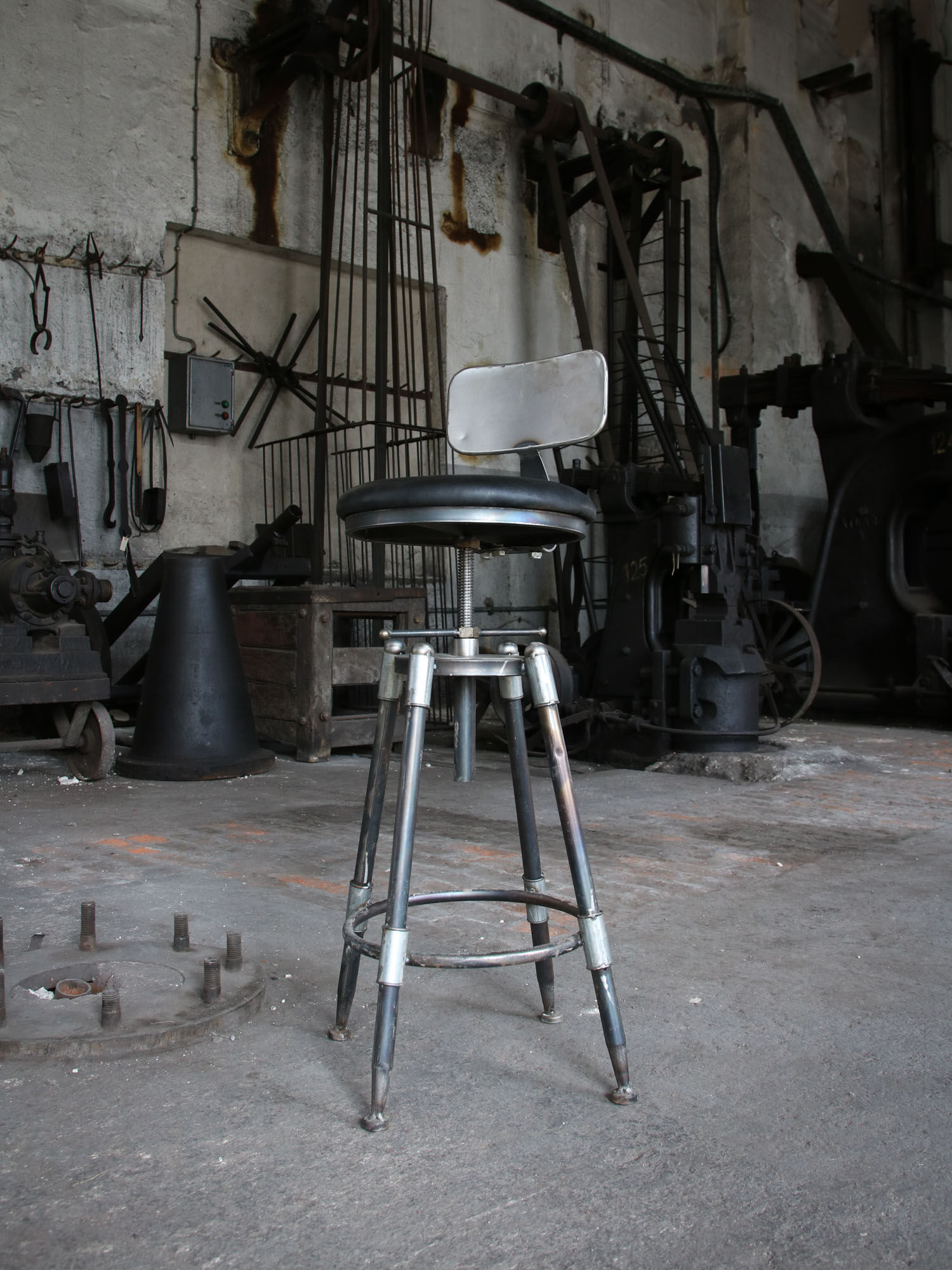 Vintage industrial metal & leather swivel bar stool