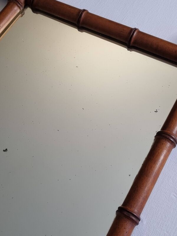 Grand miroir français en bois tourné façon bambou, 54 x 76 cm