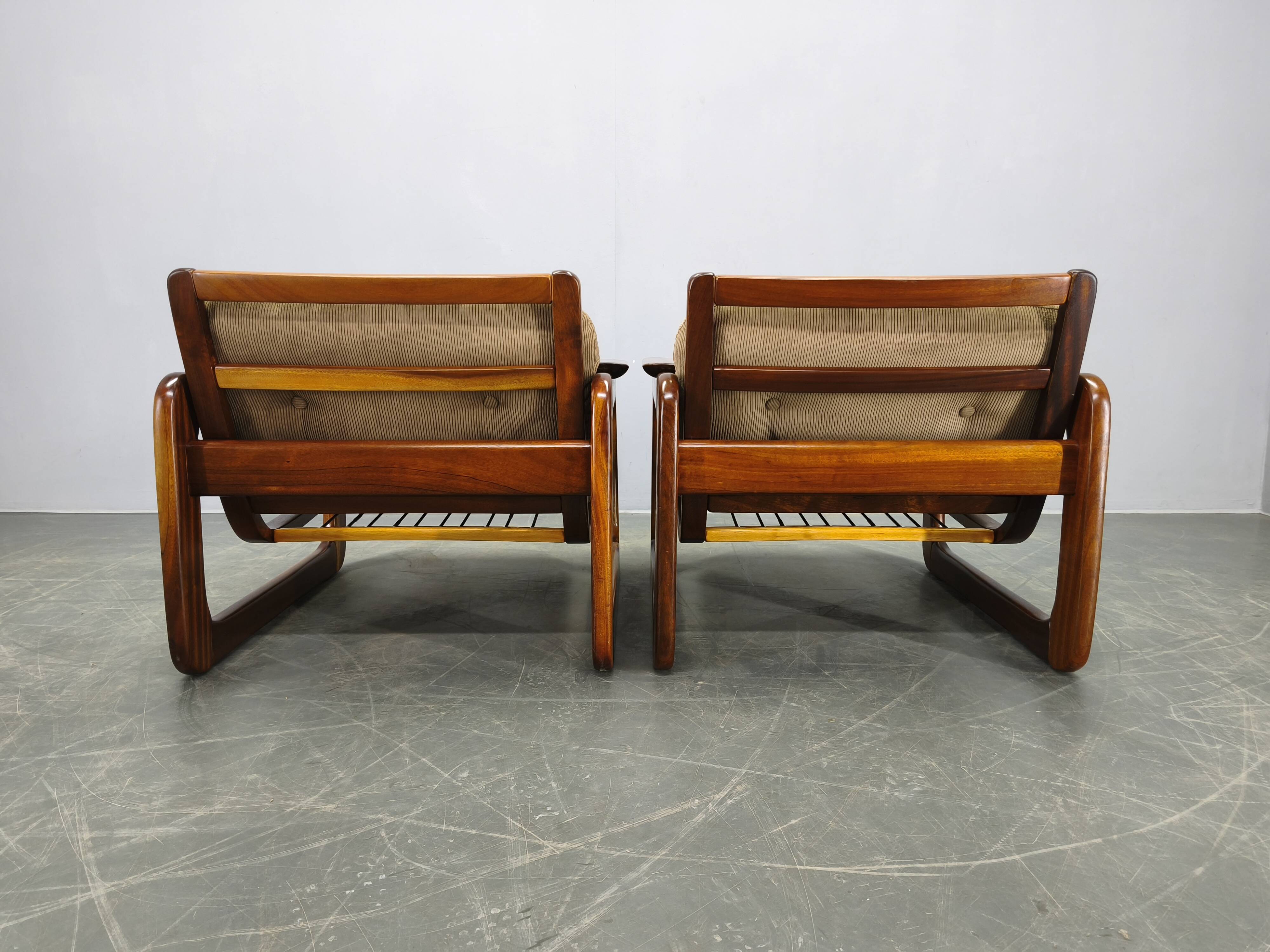 Pair of 1970s Scandinavian lounge chairs, upholstered in corduroy.