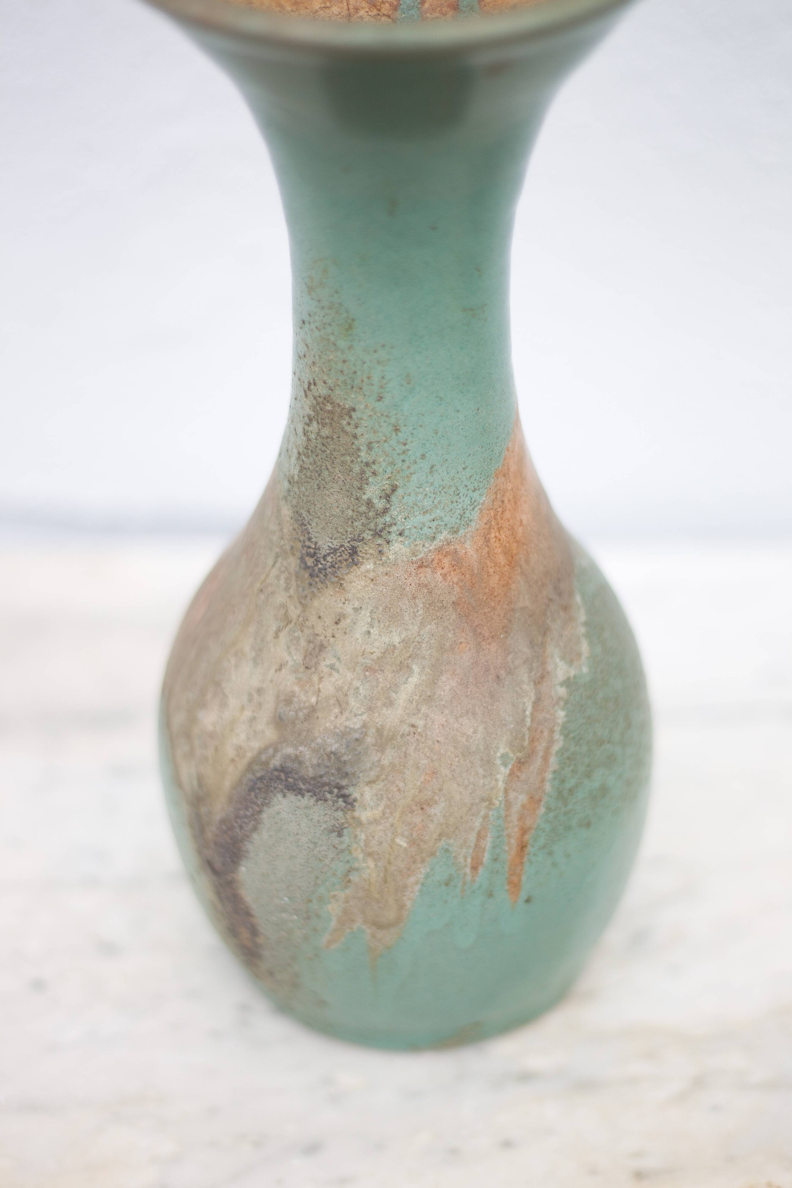 Vintage vase, raku style baluster vase, large neck vase, cetadon green ceramic vase