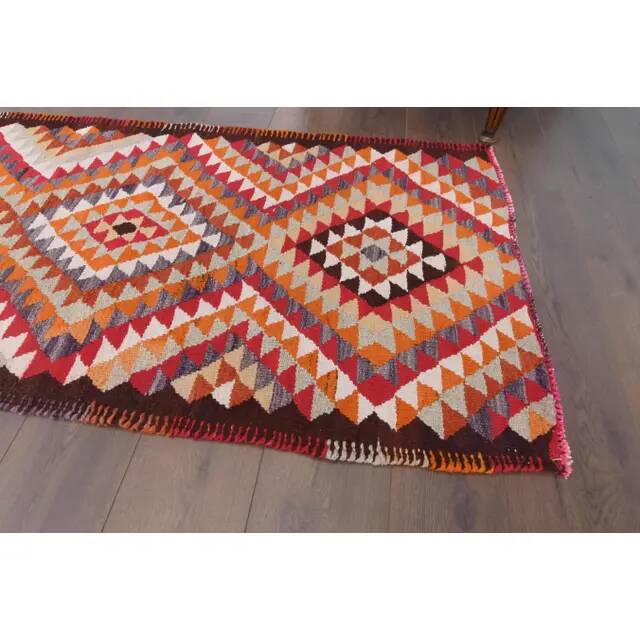 1970s Vintage Turkish Hand-Knotted Wool Cotton Orange Runner Rug 85x330