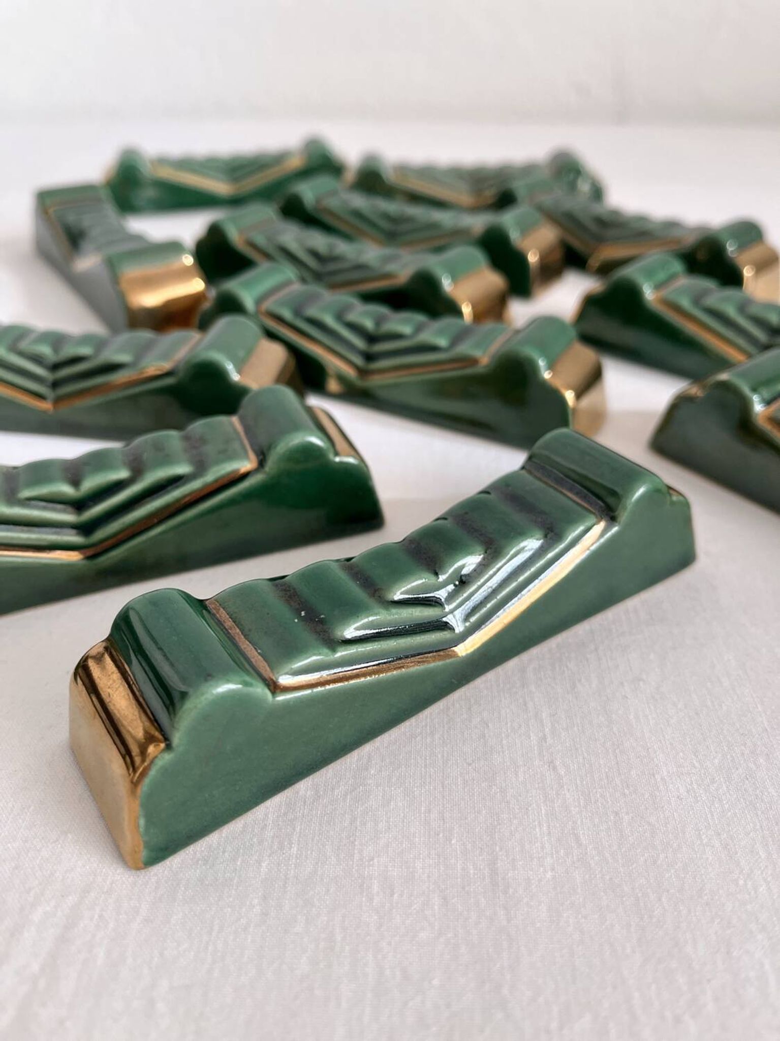 12 vintage green and gold ceramic knife holders from the 50s