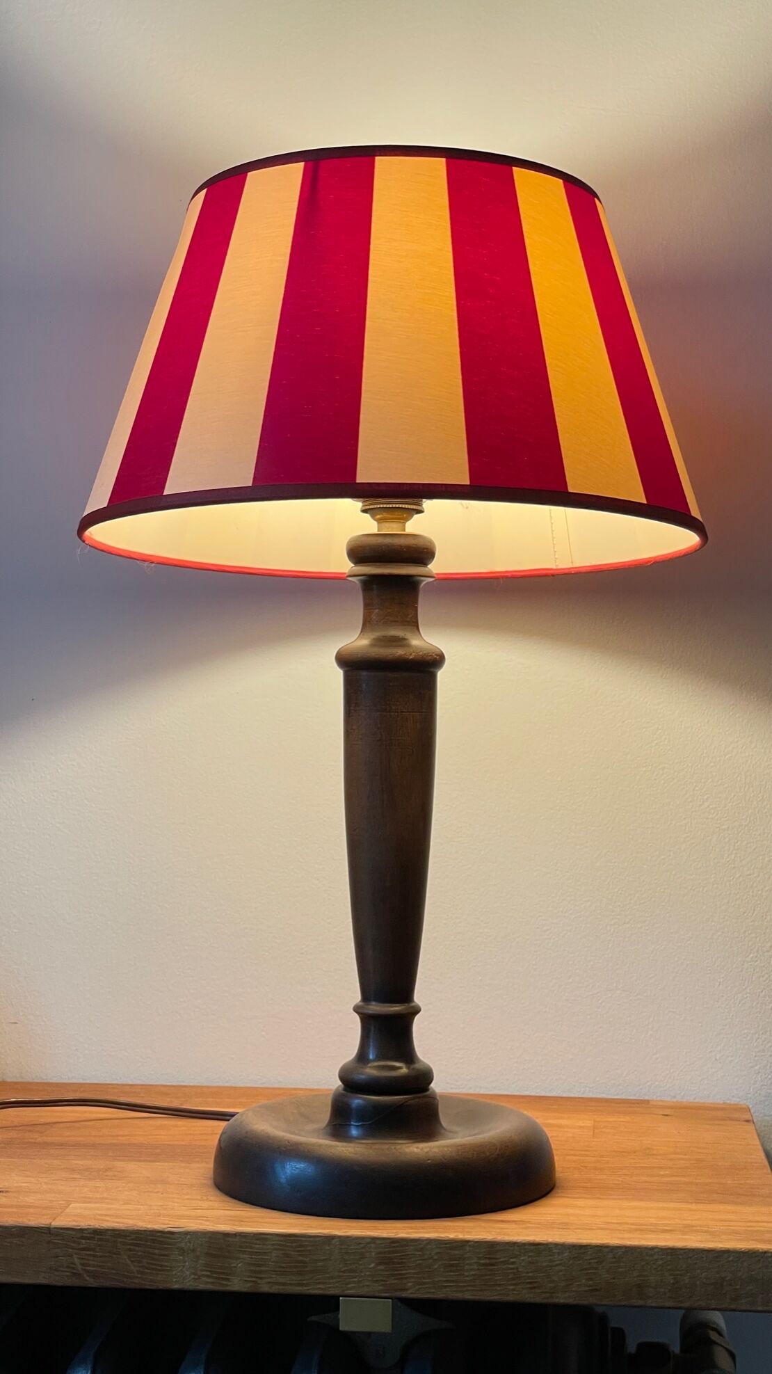 Wooden table lamp and striped lampshade