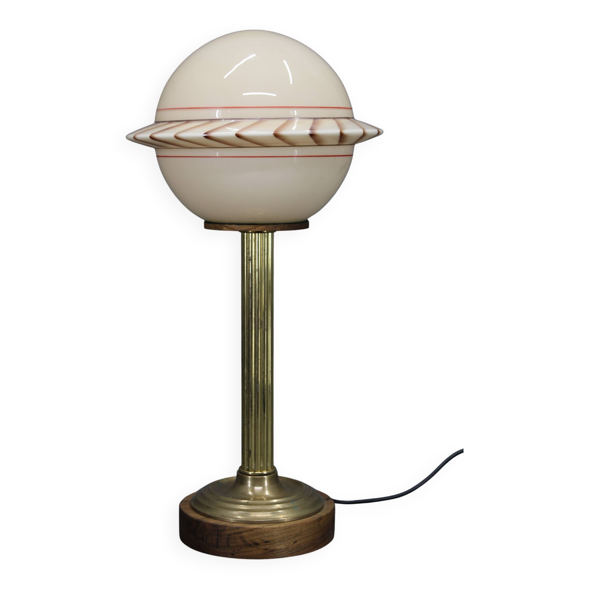 1940s Restored Brass Table Lamp with Wooden Base and Glass Shade