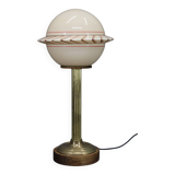 1940s Restored Brass Table Lamp with Wooden Base and Glass Shade