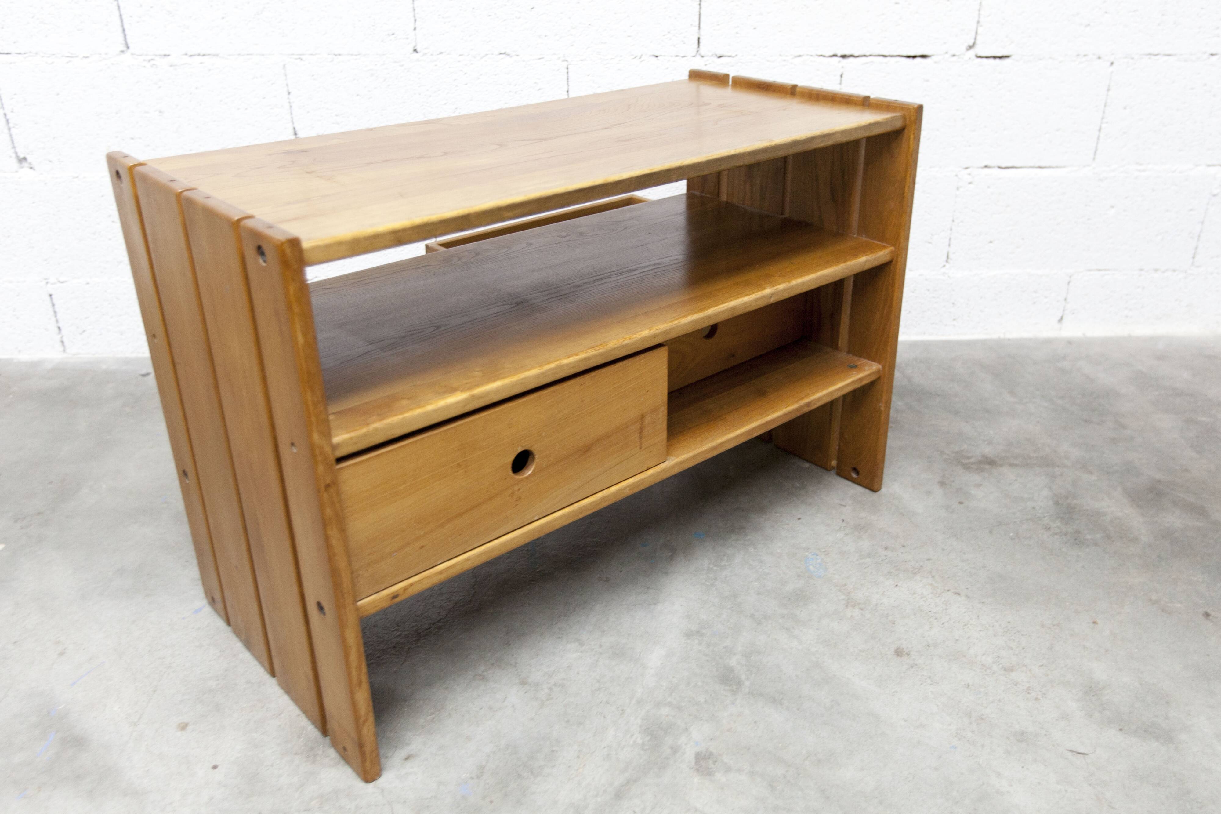 Low cabinet from Maison Regain, solid elm, circa 1960, with drawer