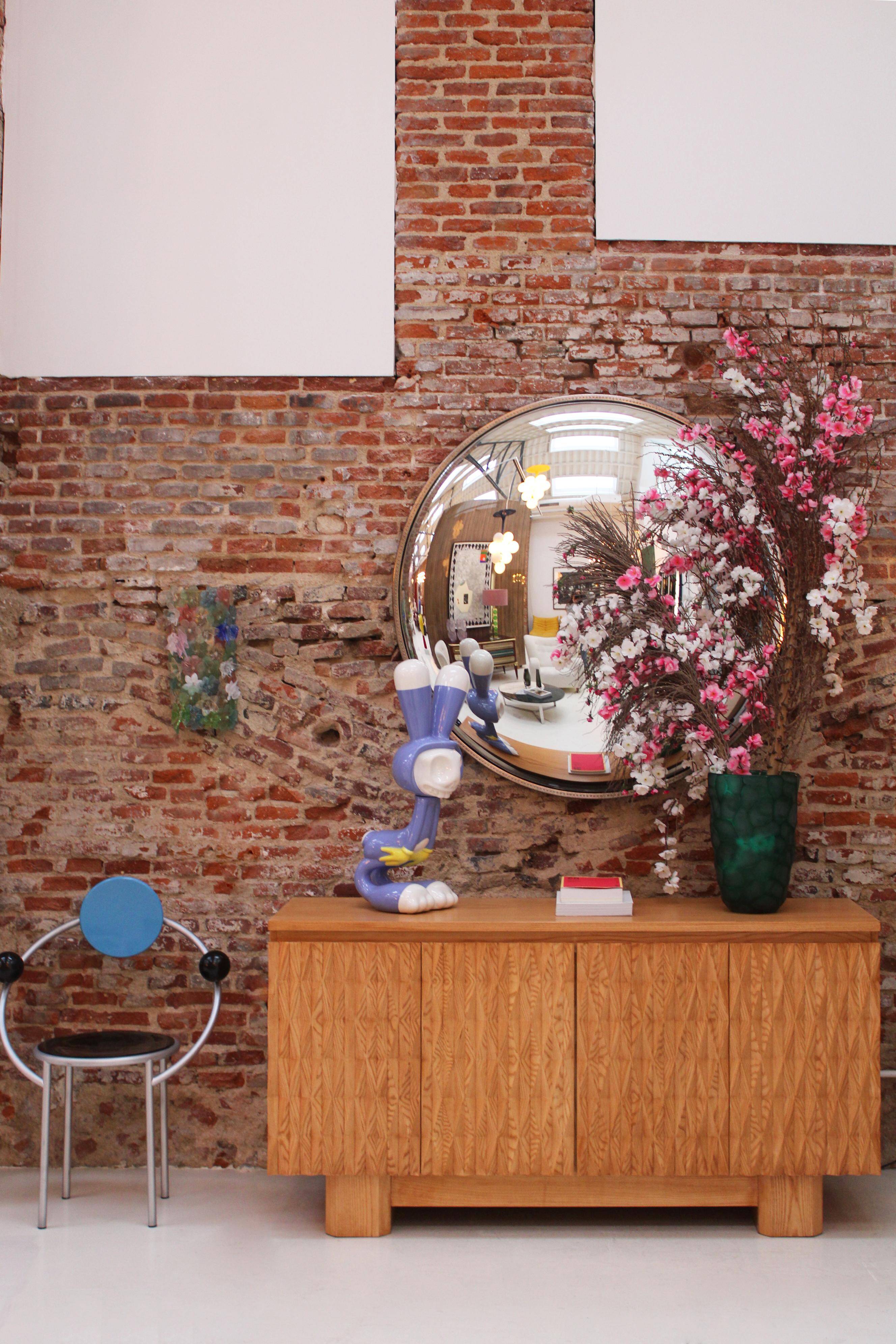 Hand-Carved Solid Oak Italian Sideboard with Four Doors, Brutalist Style