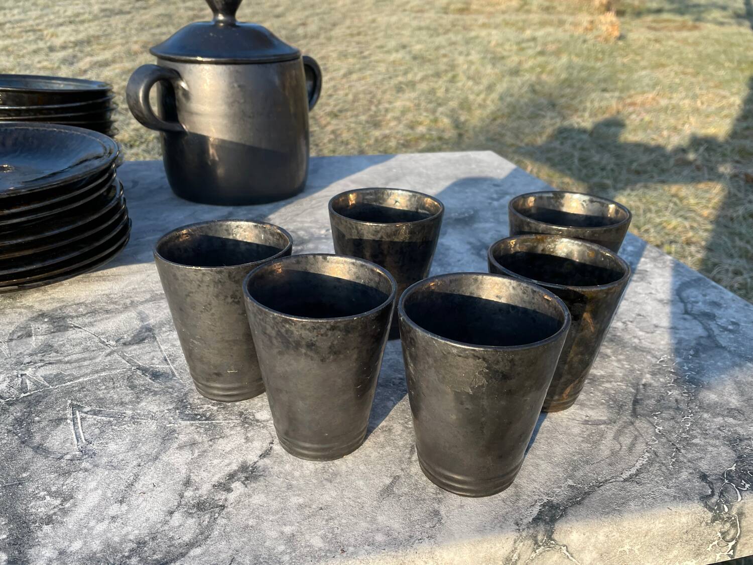 Vallauris service, the pottery of the great oak. Black metal glazed ceramics.