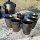 Vallauris service, the pottery of the great oak. Black metal glazed ceramics.
