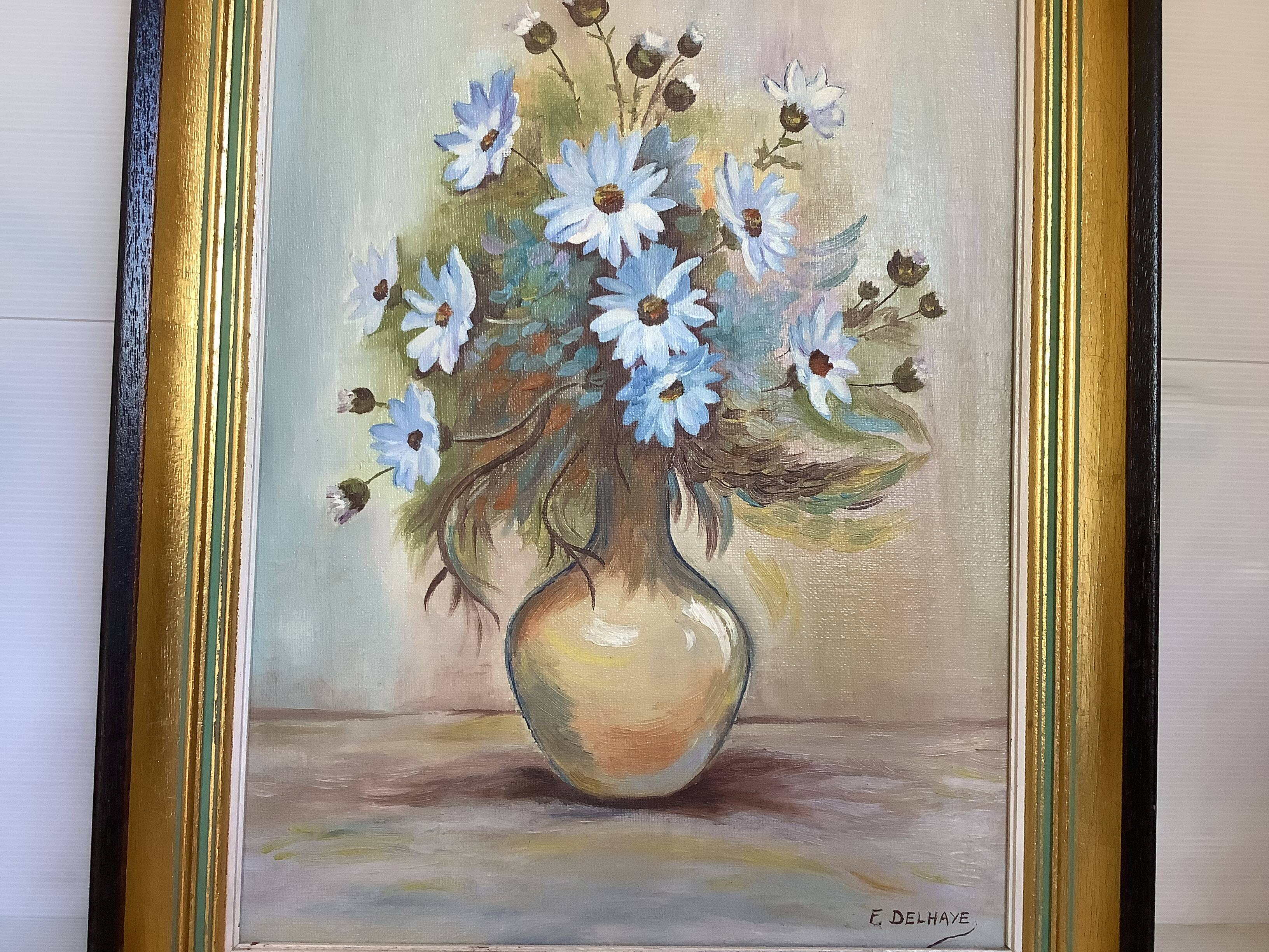 Painting of a bouquet of blue flowers, oil on canvas, signed.
