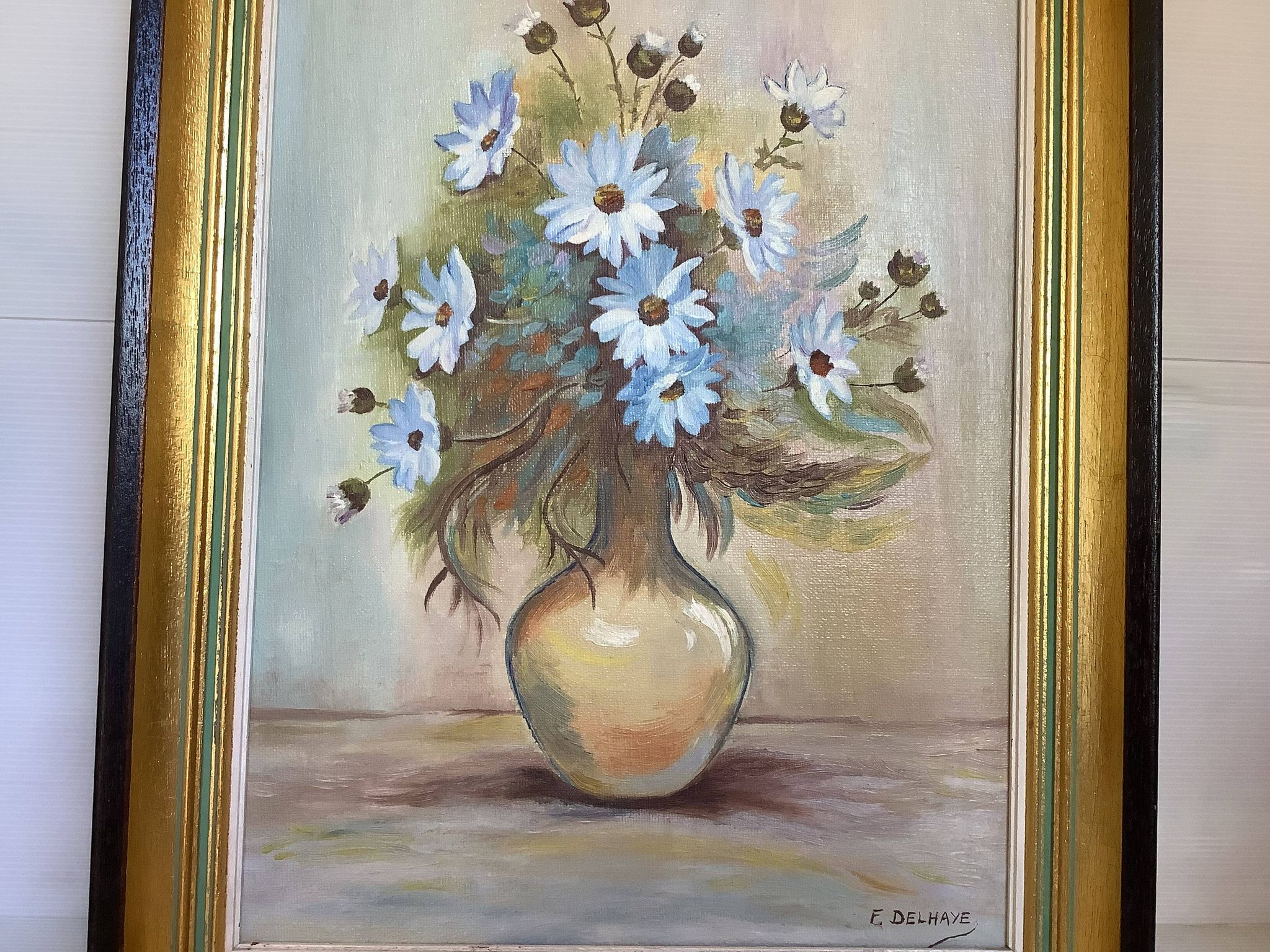 Painting of a bouquet of blue flowers, oil on canvas, signed.