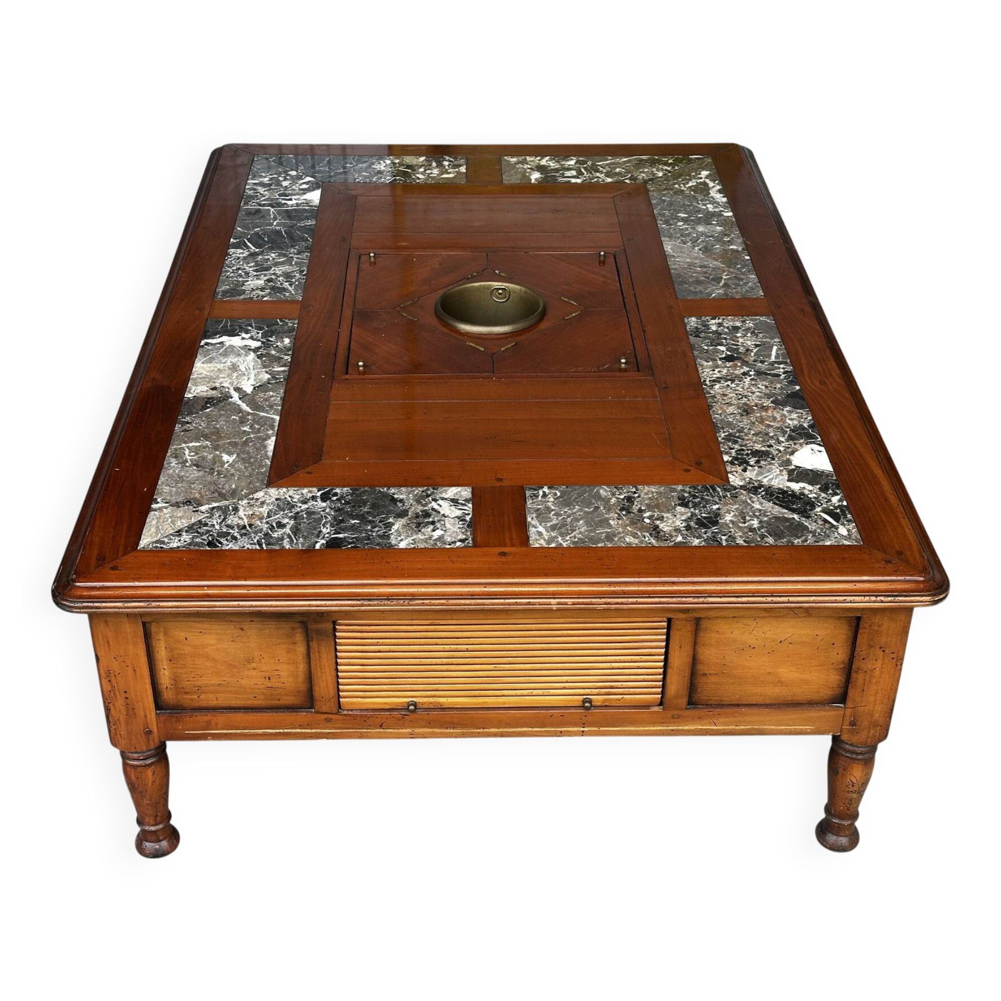Table basse Robert Tissot en merisier massif, marbre et rafraîchissoir, années 70