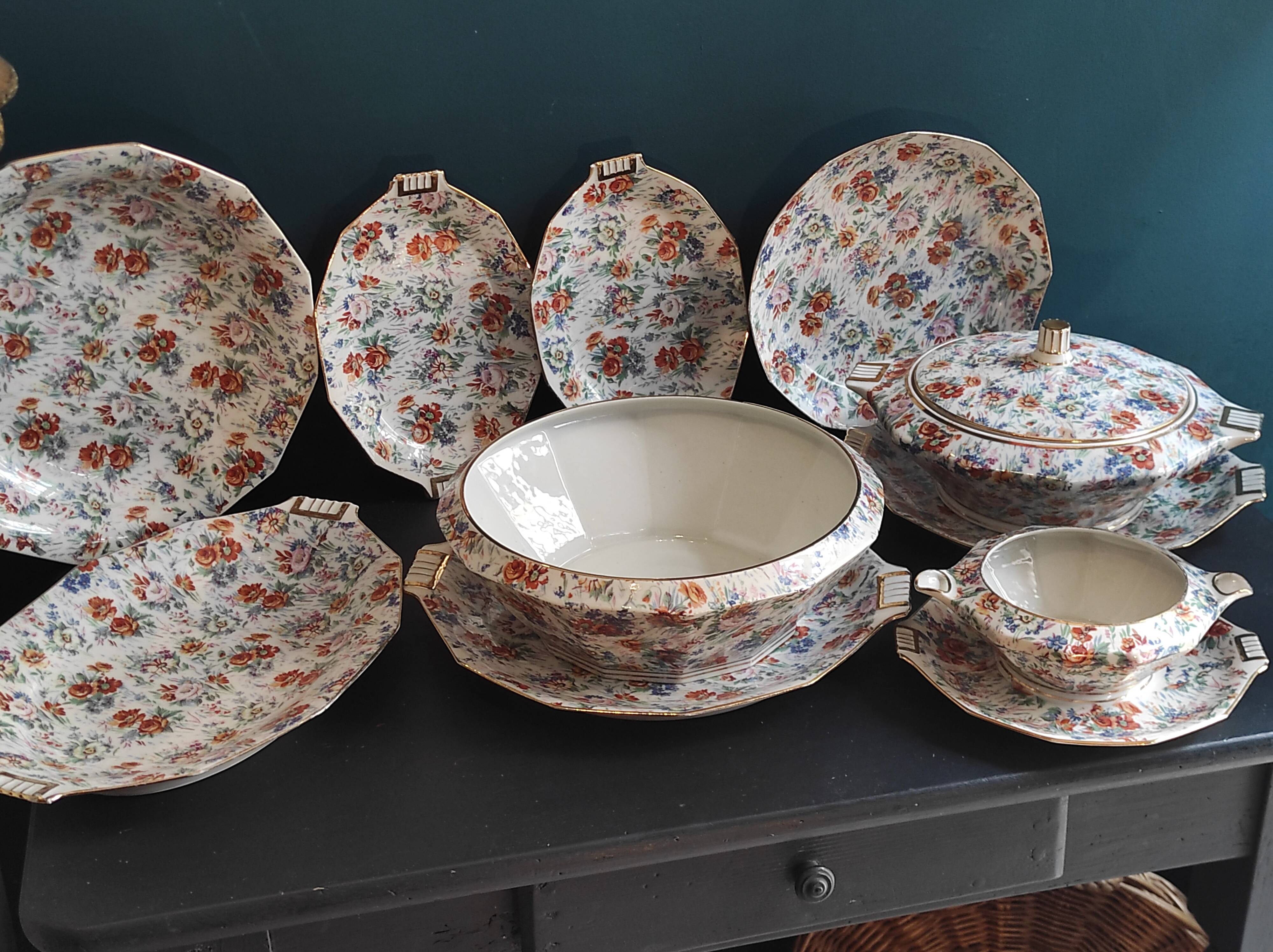 Vintage French serving sauce boat from La Tallec, Limoges, with colourful floral decoration