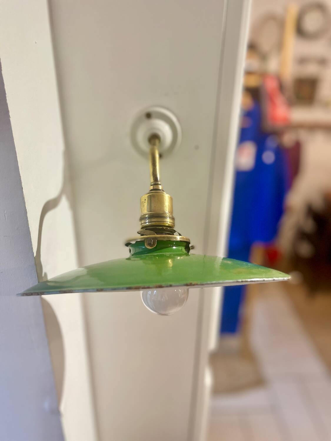 Swan neck wall light in brass and enamel