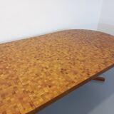 Vintage round dining table from the 60s 70s in solid wood mosaic teak and walnut with extension