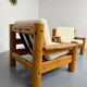 Set of 2 armchairs in solid pine with boucle fabric, 1970s Scandinavian design.