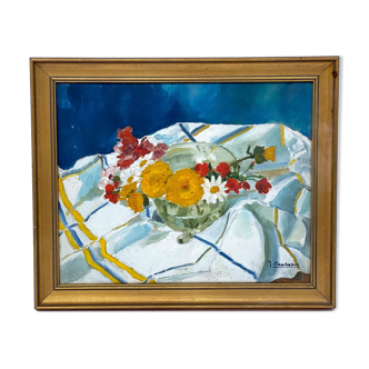 Oil on canvas caulant sign to identify still life with flowers