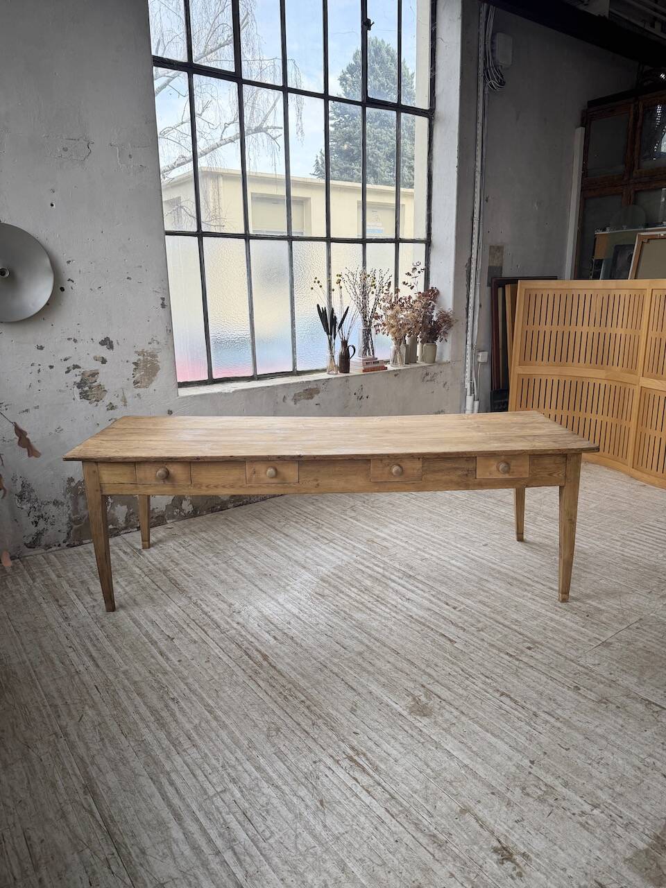 Pine and oak farmhouse table with multiple drawers, communal type, 240cm.