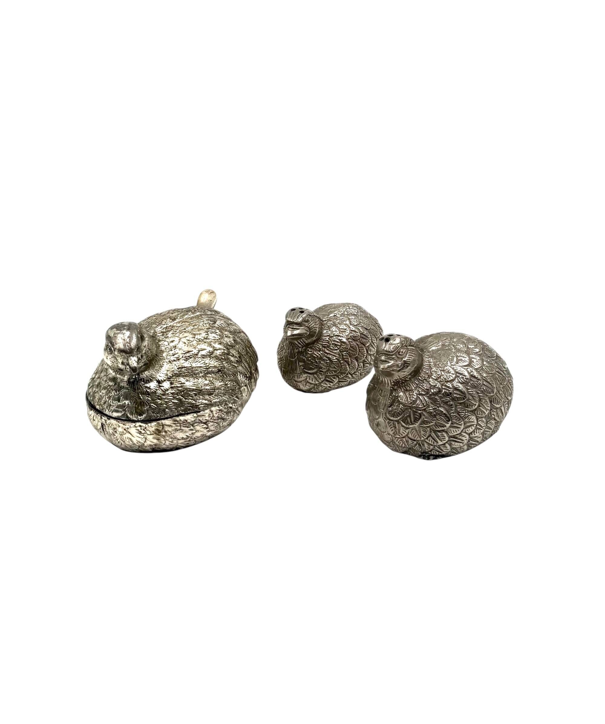 Hollywood regency silver-plate quails shaped salt and pepper, Gucci Italy,