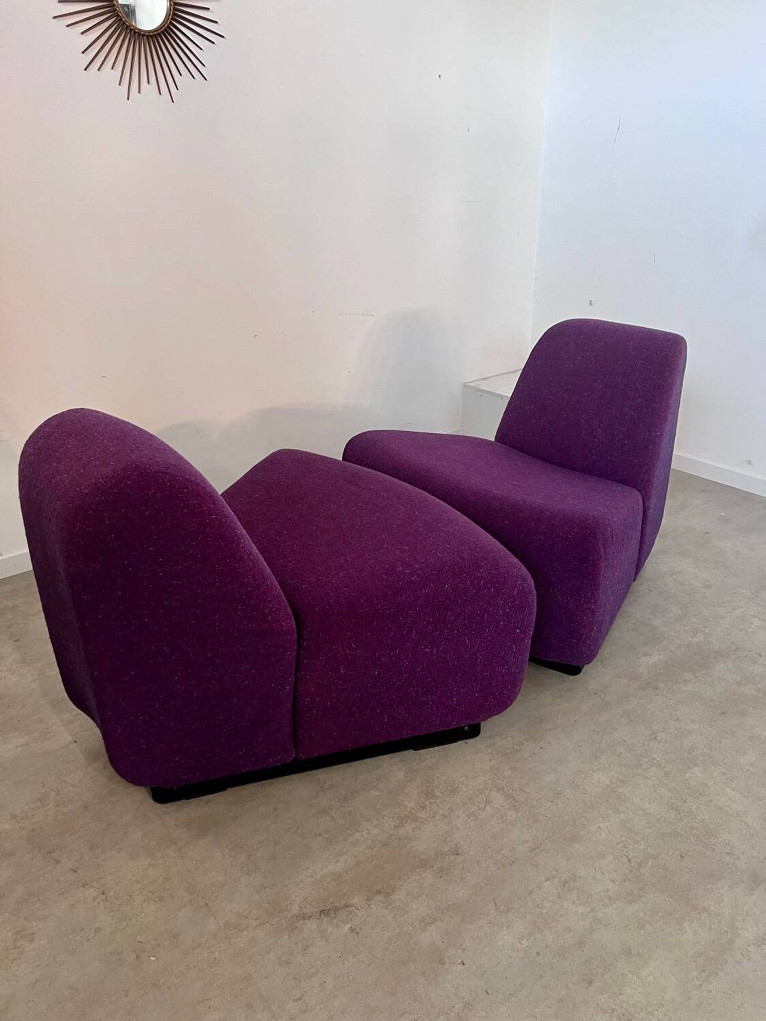 Lot 2 low chairs Space Age design from the 70s purple fabric vintage armchair