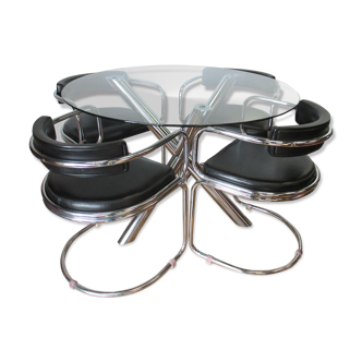 Table + 4 chairs 70 's chrome glass and black moleskin.