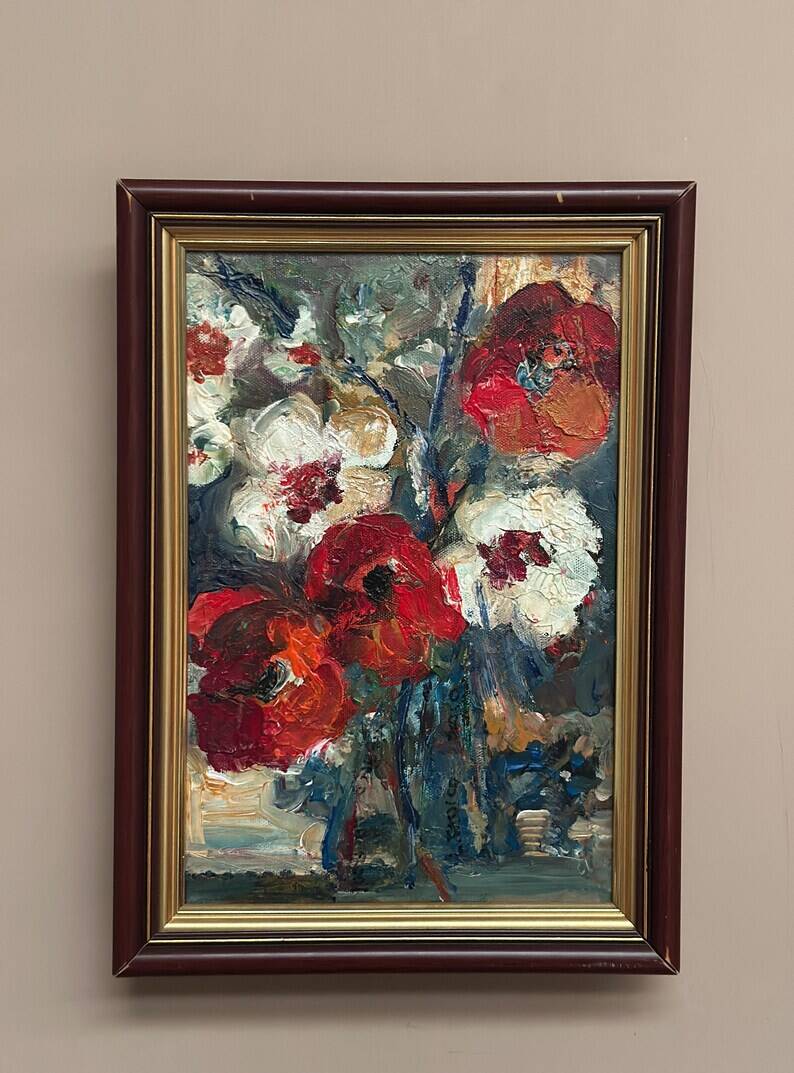 Swedish Oil on Canvas“Red Poppies and White Blossoms” by L. Stokes, Vintage