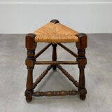 Tripod stool straw and turned wood