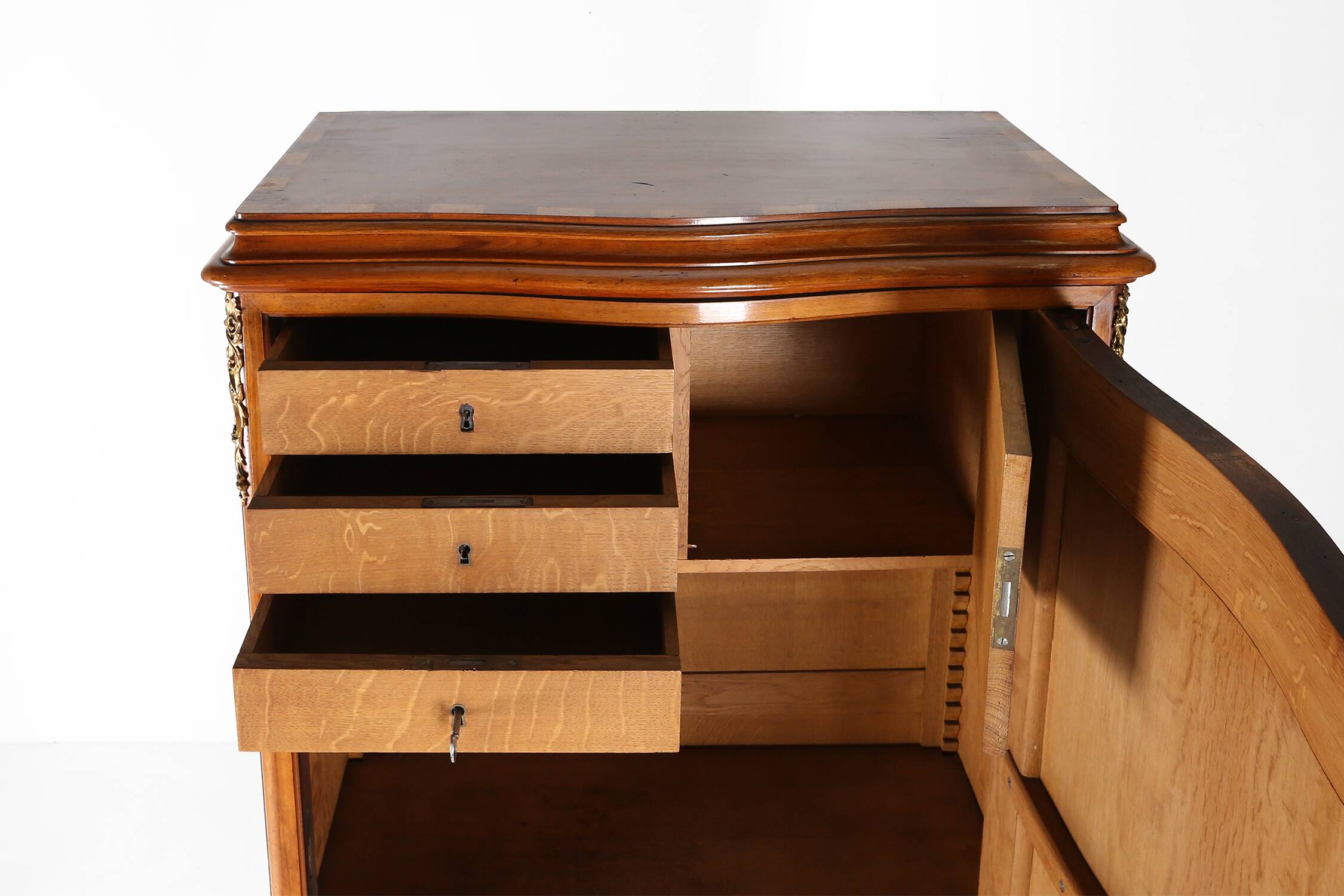 Antique wooden cabinet with inlay and bronze decorations, France ca. 1860