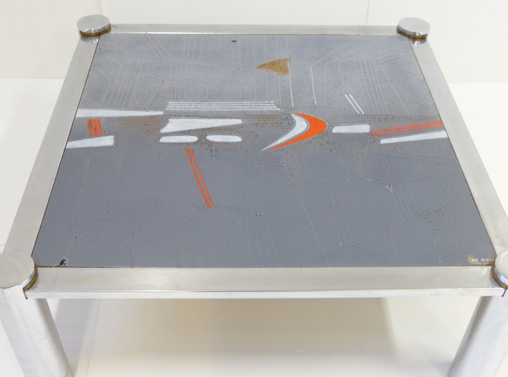 Grande table basse en céramique et chrome 1970 signée De Nisco vintage 70's space age