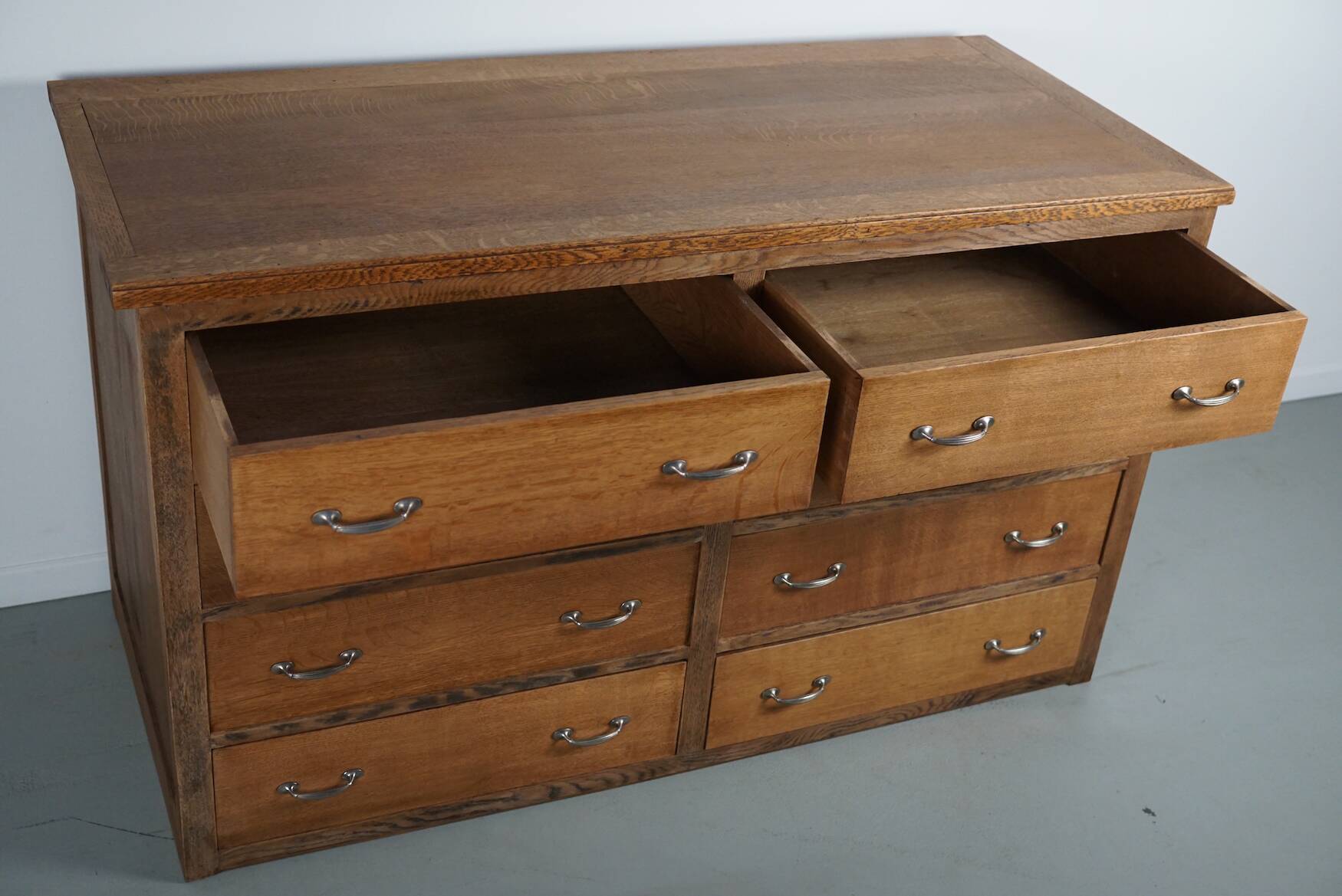 Antique French oak shop cabinet / kitchen island, 1930s