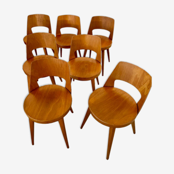 Lot of 7 old Baumann Mondor low back wooden chairs design 60s vintage