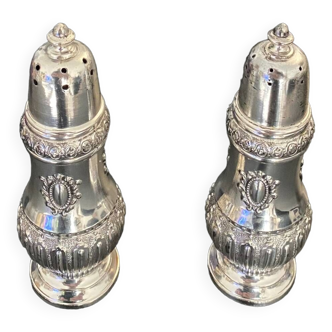Duo of old salt and pepper shakers in silver-colored metal